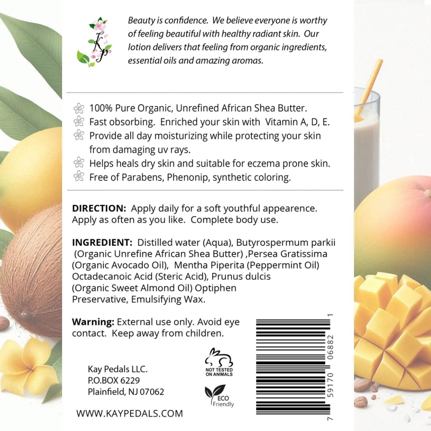 Coconut Mango Scented Organic Body Lotion Kay Pedals